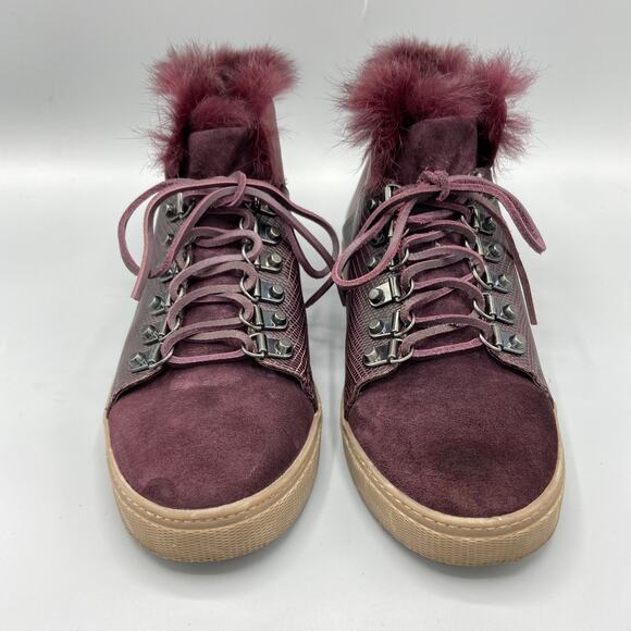 BCBGMAXAZRIA Deniz Hi Top Sneakers Size 7 Rabbit Fur Bordeaux‎ Burgundy Suede - Picture 2 of 13